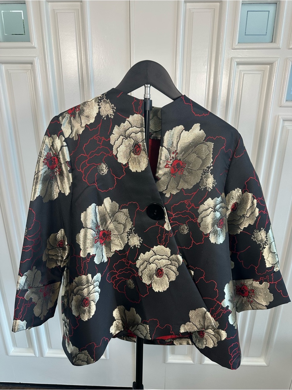 Black Floral Jacquard Blazer with Gold and Red Accents
